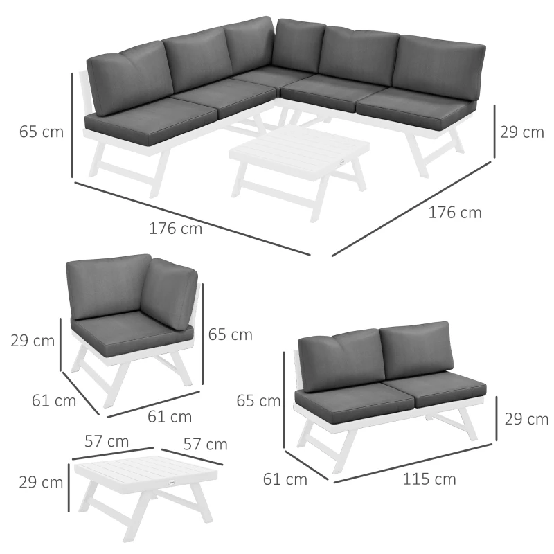 Outsunny Loungemeubelset - 4-delig, 115 cm x 61 cm x 65 cm, Grijs + Wit