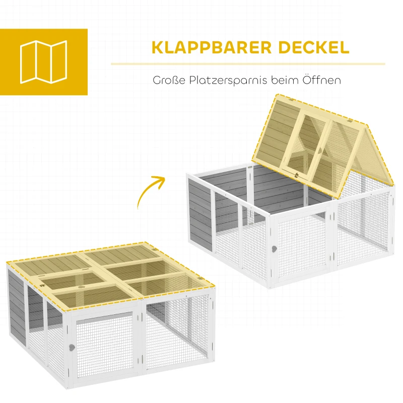 PawHut Ren kleindierhok, konijnenhok, houten constructie, opvouwbaar, voor binnen en buiten, lichtgrijs