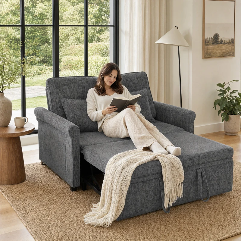HOMCOM 2 Seater Sofa Bed 3-in-1 Convertible Chenille Pull Out Sleeper Sofa with 5-Position Adjustable Backrest, Grey