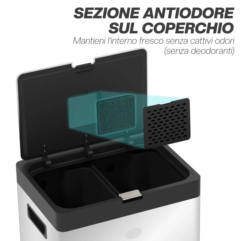 HOMCOM Bidone Immondizia a 3 Sezioni da 56L con Supporto per Deodorante, in Acciaio e PP, 45.7x35.8x76 cm, Argento