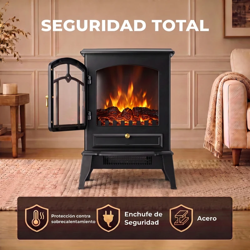 HOMCOM Chimenea Eléctrica 1000/2000 W con Efecto Llama 3 Vistas Termostato y Brillo Regulable Negro