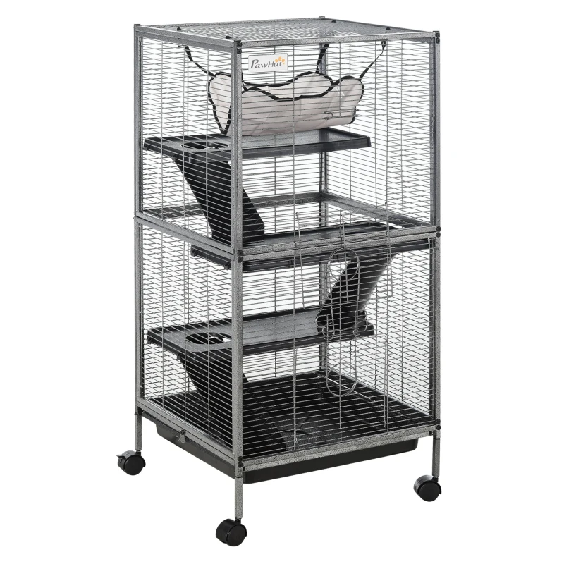 PawHut knaagdierenkooi, kooi op wielen voor kleine huisdieren, konijnenhok met 3 verdiepingen en 2 deuren, metaal, staal, 52 x 52 x 113,5 cm knaagdierenkooi kooi voor kleine huisdieren deuren met wielen metaal | Aosom.nl