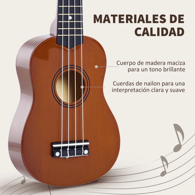 HOMCOM Ukelele Soprano para Principiantes con 4 Cuerdas de Nylon Ajustables Juguete educativo 53x17,5x6,2cm Marrón
