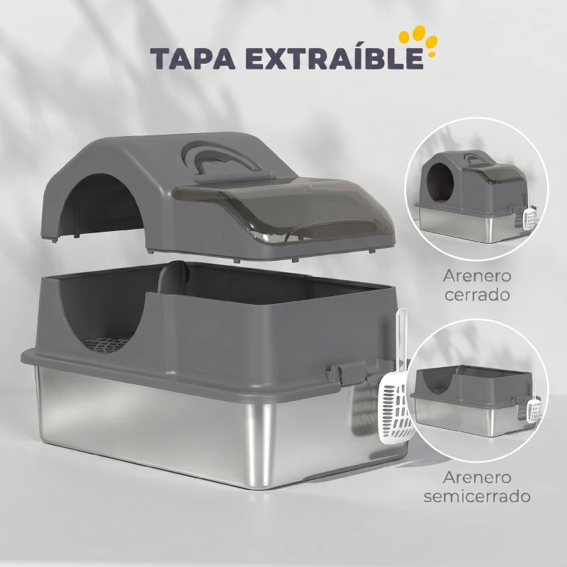 PawHut Arenero para Gatos Cubierto con Bandeja de Acero Inoxidable Tapa Extraíble Bordes Altos Fácil de Limpiar Gris Oscuro