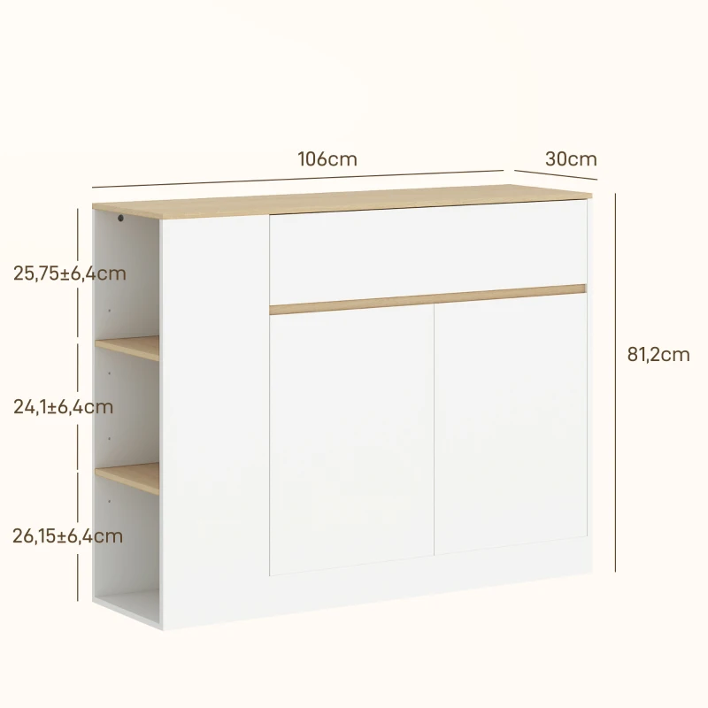 HOMCOM Sideboard, großes Schrankfach, 3 Ablagefächer, Schublade, 106 x 30 x 81,2cm, Weiß/Holz(m-3)