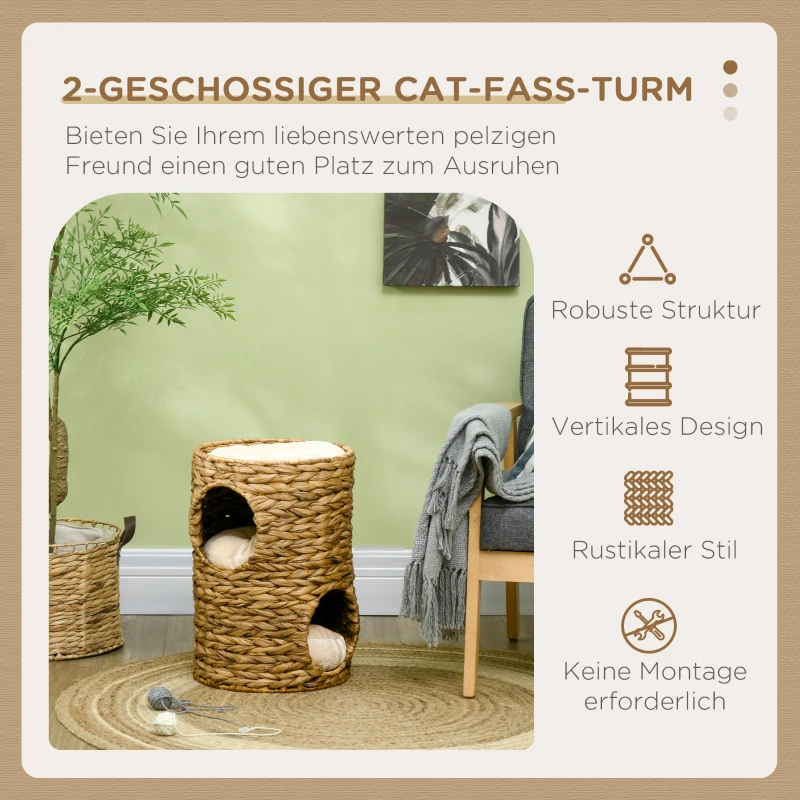 PawHut Kratztonne, 47 cm, 2 Höhlen, Kissen, Kratzbaum mit Katzenbett, Katzenturm aus Wasserhyazinthe, Hellbraun