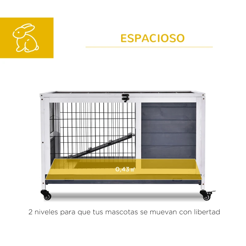 PawHut Jaula de Conejos Conejera para Mascotas Pequeñas con Techo Abrible y Bandeja Extraíble 90x53x59 cm Gris y Blanco