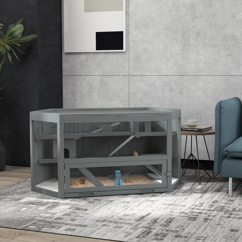 PawHut Hamsterkäfig, 3 Etagen, herausnehmbare Wanne, Holz/Metall, 115x60x55 cm