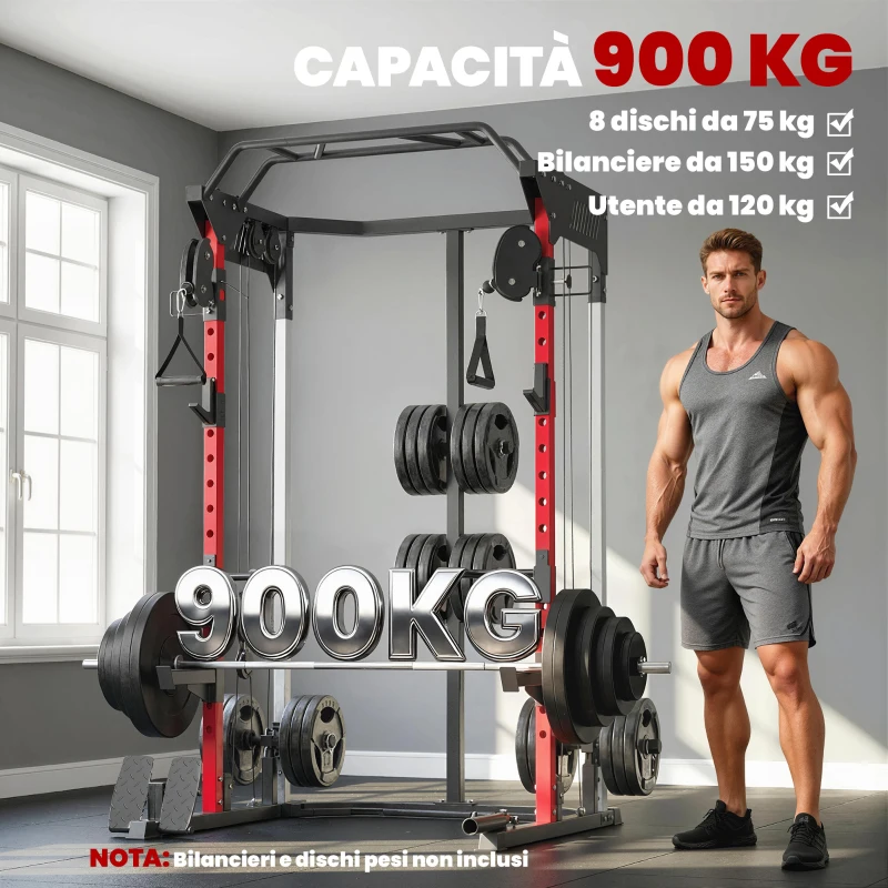 SPORTNOW Power Tower con Sistema di Cavi Pulley Regolabili, Rack Palestra Multifunzione con Barre Trazioni e Dip, Ganci J, Squat Rack, Supporto Landmine, Capacità 900 kg