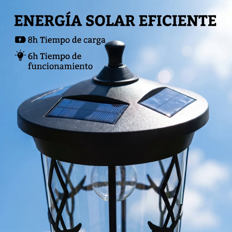 Outsunny Farola Solar Exterior de Jardín con Macetero 2 Modos de Brillo 100/50 lm IP44 Encendido/Apagado Automático Negro