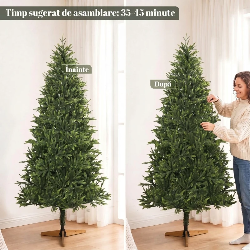 HOMCOM Brad artificial de Crăciun 180 cm, aspect realist și bogat, 732 ramuri din PE ignifug, bază pliabilă din lemn, verde