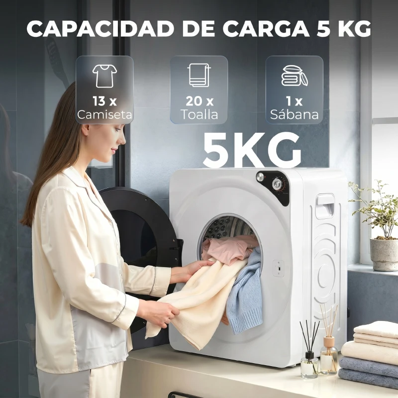 HOMCOM Secadora de Ropa Compacta  5 kg 1000W con 5 Modos de Secado Tambor de Acero Inoxidable Blanco