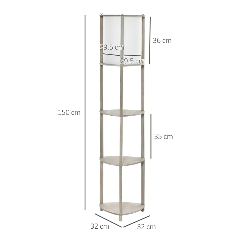 HOMCOM Lámpara de Pie de Madera con 3 Estantes Pantalla PVC Interruptor de Pie Estilo Moderno para Dormitorio Sala de Estar Salón Estudio 32x32x150 cm Roble Gris y Blanco