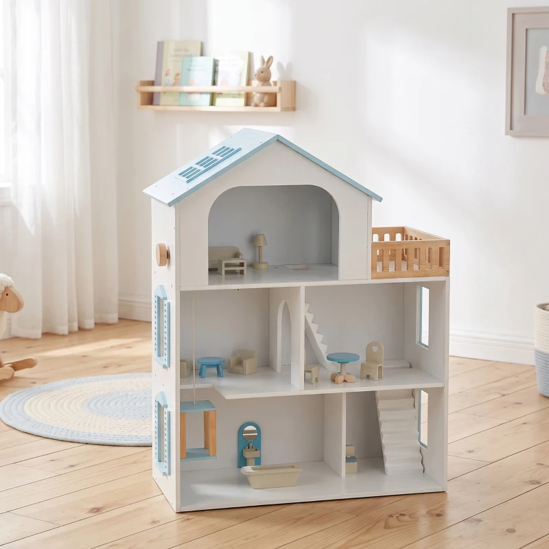 AIYAPLAY Casa de Muñecas de Madera de 3 Pisos con Ascensor y Balcón 5 Habitaciones y 13 Muebles para Niños de 3 a 6 Años Azul