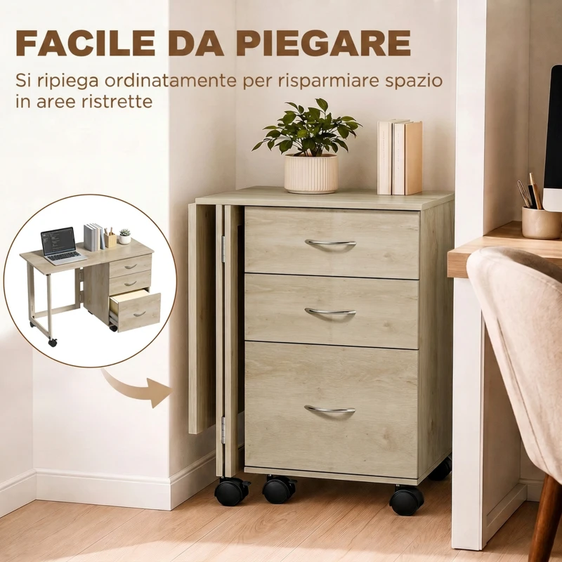 HOMCOM Scrivania da Ufficio Pieghevole con 3 Cassetti e 4 Ruote con Freno, Rovere