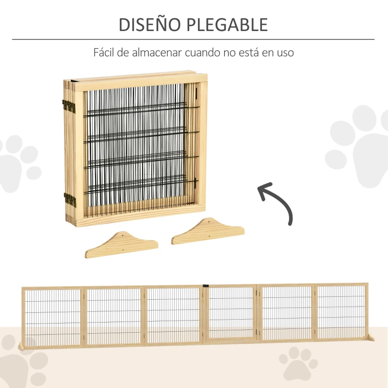 PawHut Barrera de Seguridad para Perros Plegable de Madera para Escaleras y Puertas con Soporte de Pie 432x36x70 cm Natural