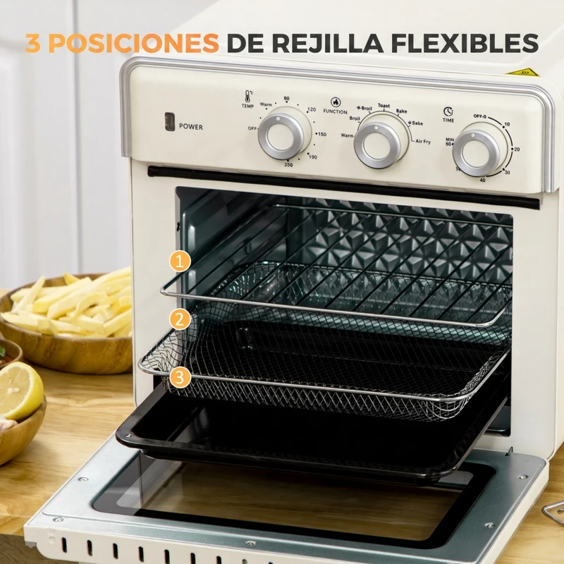 HOMCOM Mini Horno Eléctrico de Sobremesa con Convección 20L 1400W 7 Funciones Temperatura 90-230°C Temporizador 60 min Crema