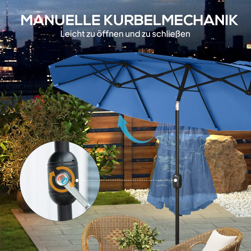 Outsunny parasol, tuinparasol, kantelbaar, met handslinger, windventilatie, polyester + staal, marineblauw, 285 x 147 cm