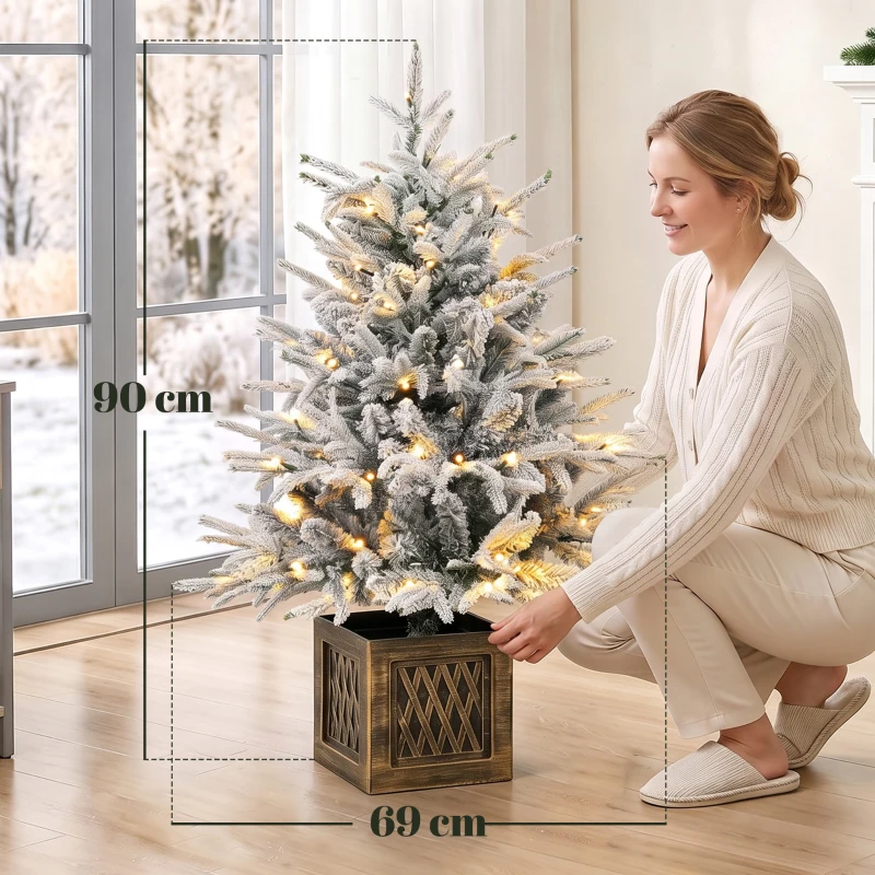 HOMCOM Tisch-Weihnachtsbaum 90 cm, vorbeleuchtet, beschneit, künstlich, 70 warmweiße LEDs, 488 Spitzen, Grün