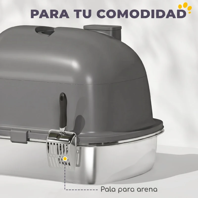 PawHut Arenero para Gatos de Acero Inoxidable con Tapa Bolsa Desodorizante Pala Fácil de Limpiar 52,4x41,3x39,9 cm Gris Oscuro