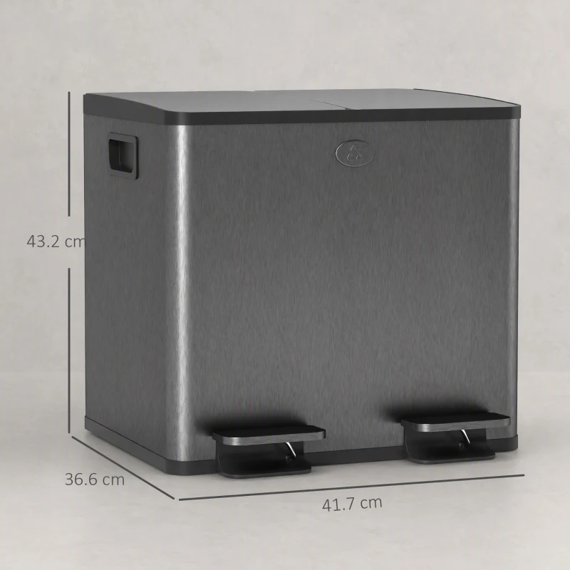 HOMCOM 30L Dual Compartment Stainless Steel Bin, with Deodoriser Holders - Black