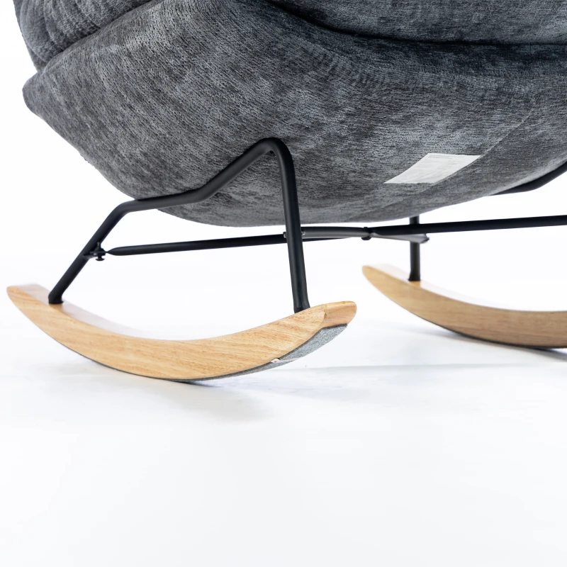 HOMCOM Schommelstoel van chenille, fauteuil voor kleermakerszit met dubbellaags kussen, zachte rugleuning en onderstel van rubberhout, donkergrijs