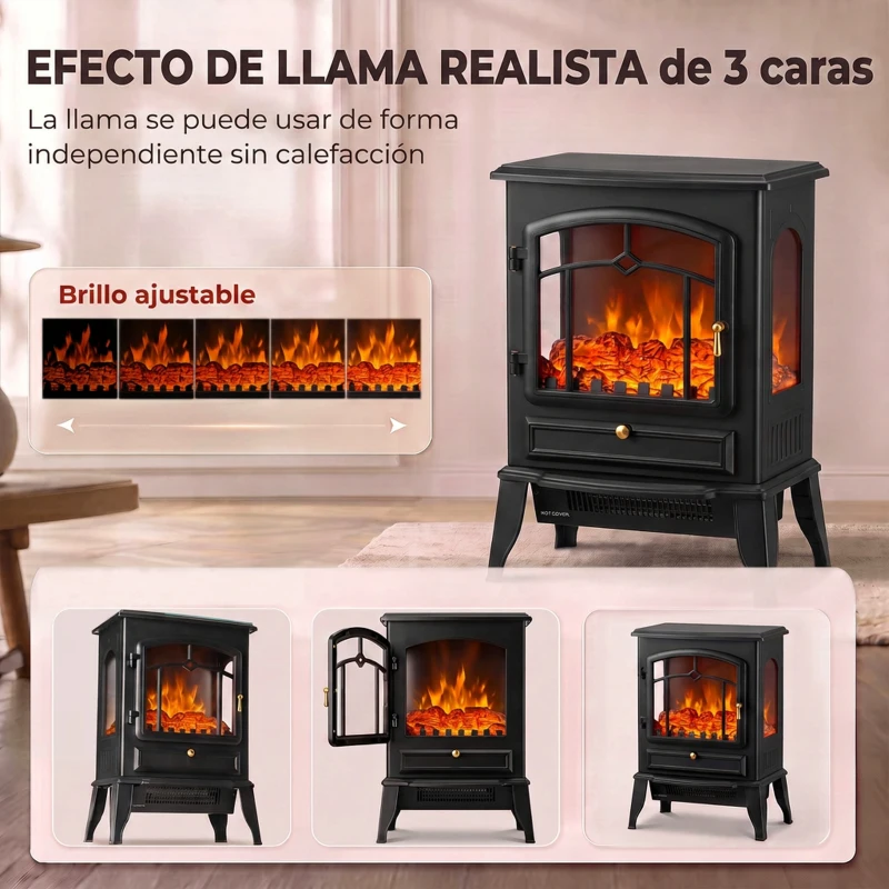 HOMCOM Chimenea Eléctrica 1000/2000 W con Efecto Llama 3 Vistas Termostato y Brillo Regulable Negro