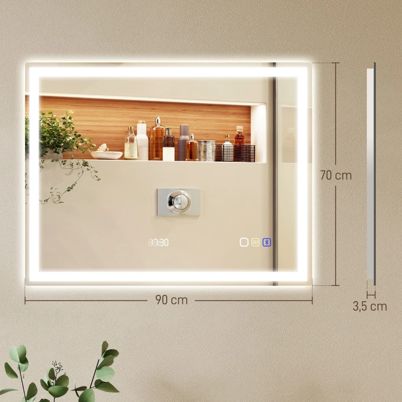 HOMCOM Espejo de baño LED Bluetooth 90 x 70 cm interruptor táctil luz regulable 3 colores antivaho memoria plateado