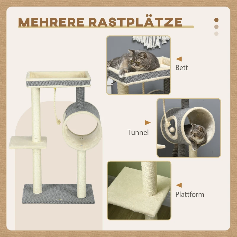 PawHut Krabpaal Klimboom, 1 kattenhol, 2 ligplatforms, 60B x 40D x 104H cm , Grijs + Natuur