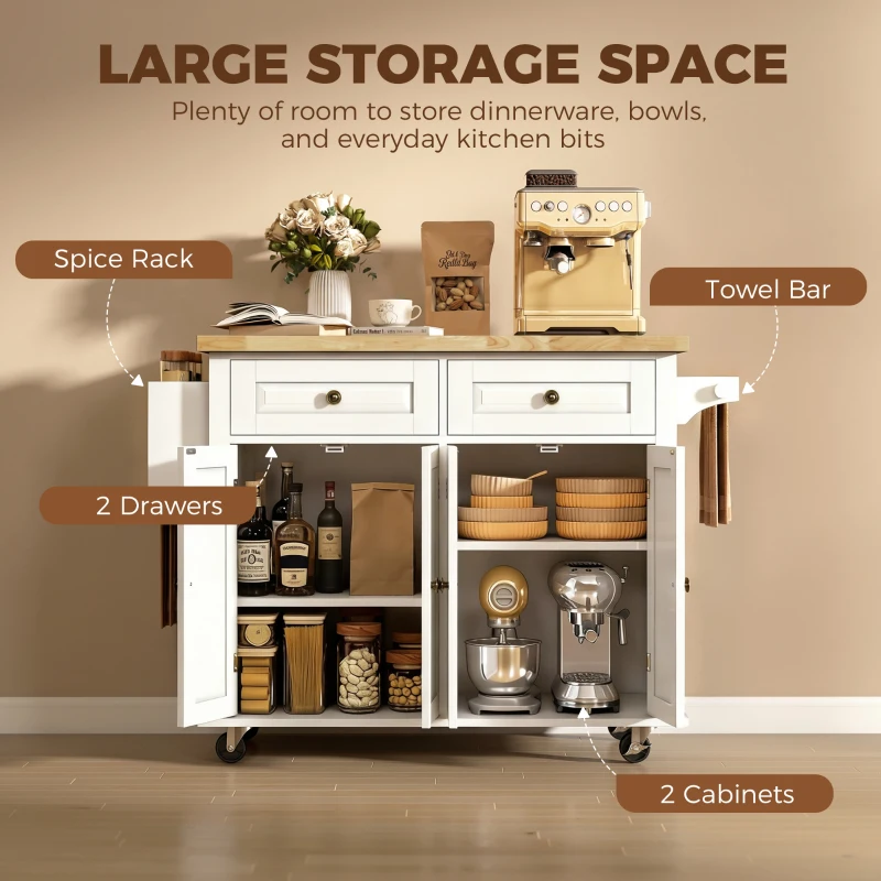 HOMCOM Kitchen Island on Wheels, Rolling Kitchen Storage Trolley with Rubber Wood Top, Drawers, Adjustable Shelves, Cream White
