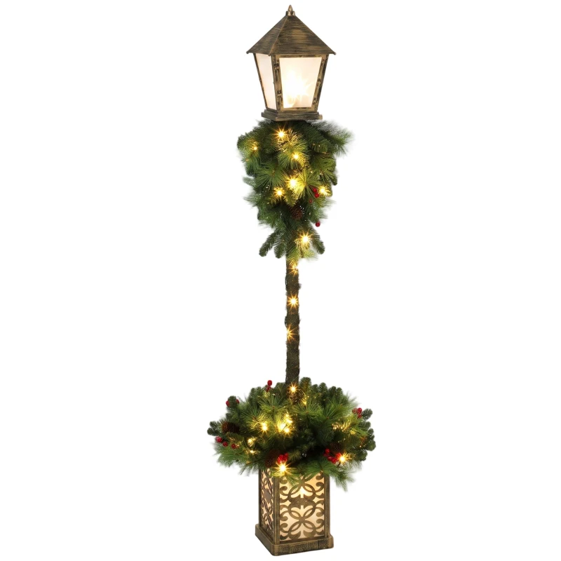 Outsunny Lanterne de rue de Noël avec 50 LED blanc chaud, lanterne d'extérieur avec 159 pointes de branches en PVC et baies rouges