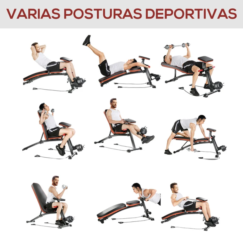 HOMCOM Banco de Musculación Plegable, Banco de Pesas, Respaldo Inclinable 7 Niveles, Extensión de Pierna, Cojín de Predicador, Banda de Resistencia, Carga 300 kg, Entrenamiento Casa Gimnasio, Rojo