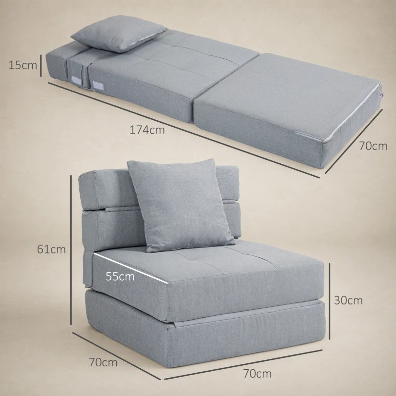 HOMCOM Relaxstoel Ligstoel Stoel met bedfunctie, incl. 1 kussen, 70 cm x 70 cm x 61 cm, Lichtgrijs(m-3)
