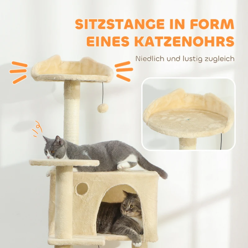 PawHut Krabpaal 160 cm kattentoren met hangmat, ladder, hol, 2 pluche ballen, sisalstammen, 48 x 48 x 160 cm, Beige