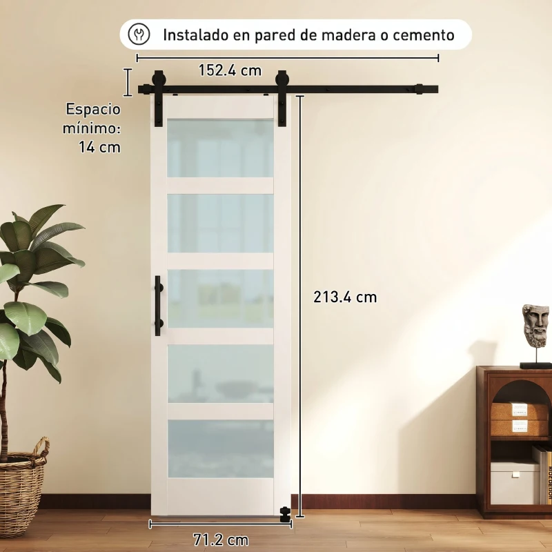 HOMCOM Puerta Corredera Interior 71x213 cm con Kit de Montaje, MDF y Vidrio Esmerilado, Riel y Herrajes, Blanco