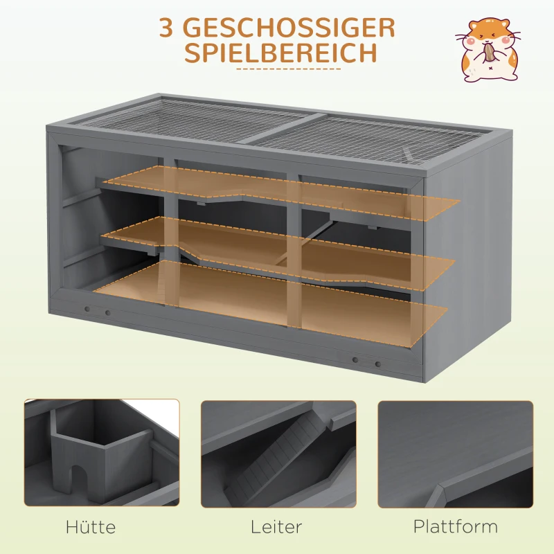 PawHut Kleindierkooi, Nagerkooi, Kleine Dierenverblijf, Afsluitbaar, Hout, Onderhoudsvriendelijk, Grijs