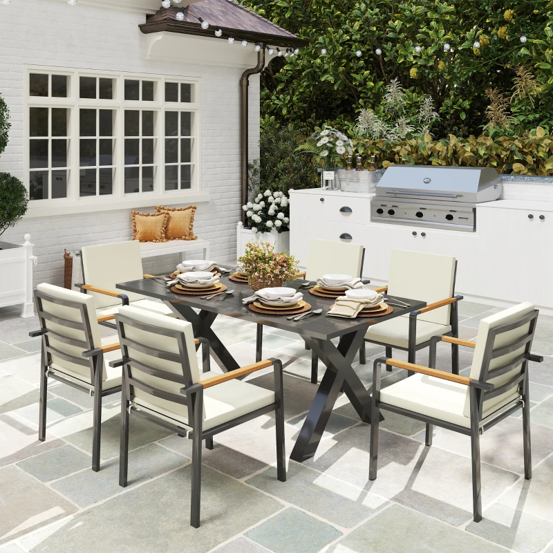 Outsunny Gartenmöbel-Set für 6 Personen, 6 Stühle, 1 Tisch, wetterbeständig, 175 cm x 92 cm x 73 cm, Schwarz + Grau