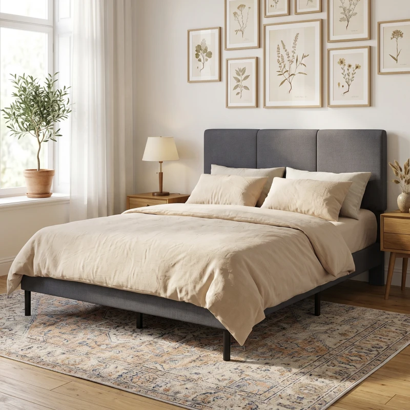 HOMCOM Bettgestell 140 x 200 cm mit verstellbarem Kopfteil, gepolstertes Bett in Leinenoptik mit 12 Latten