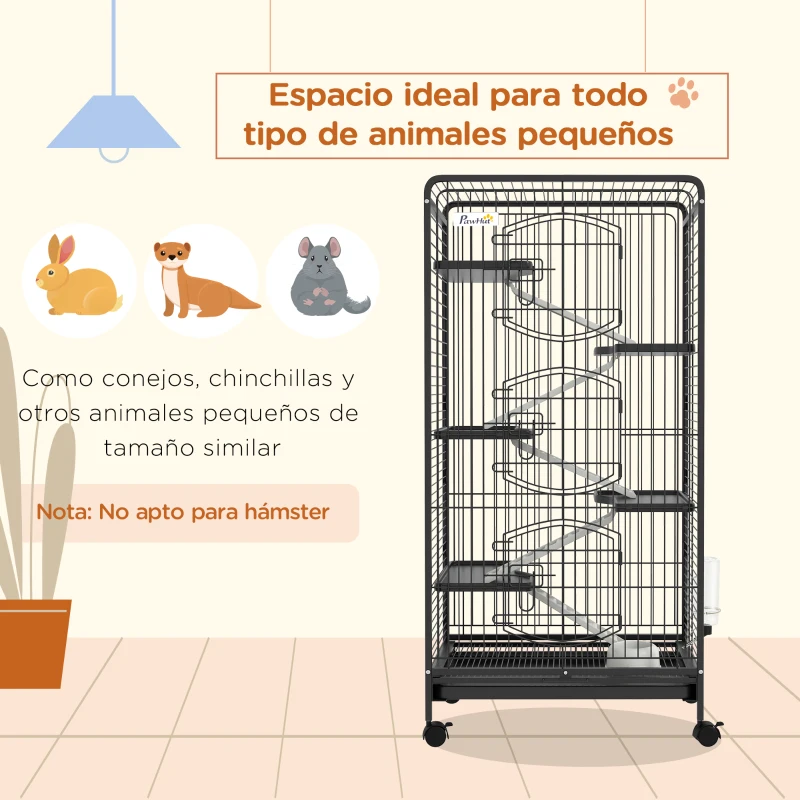 PawHut Jaula para Roedores de 6 Niveles con Ruedas Plataformas Bandeja Extraíble Comedero y Bebedero 61,5x44x131 cm Negro