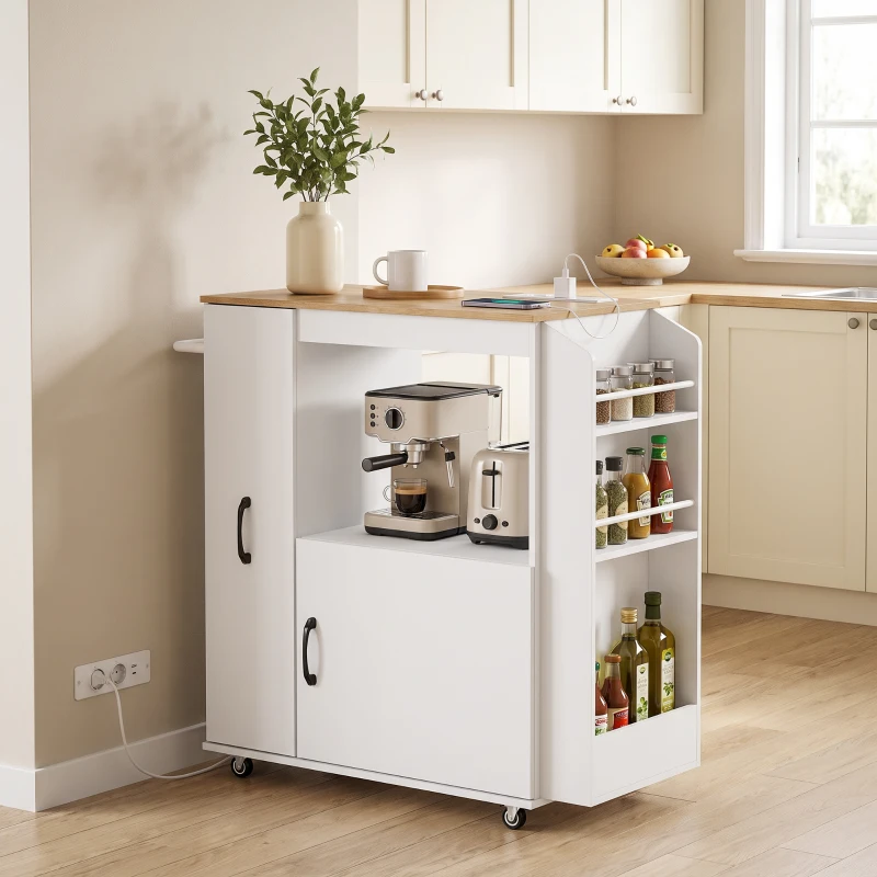 HOMCOM Carrello da Cucina con Presa di Corrente, Portaspezie e Armadietto, 80x40x88 cm, Bianco