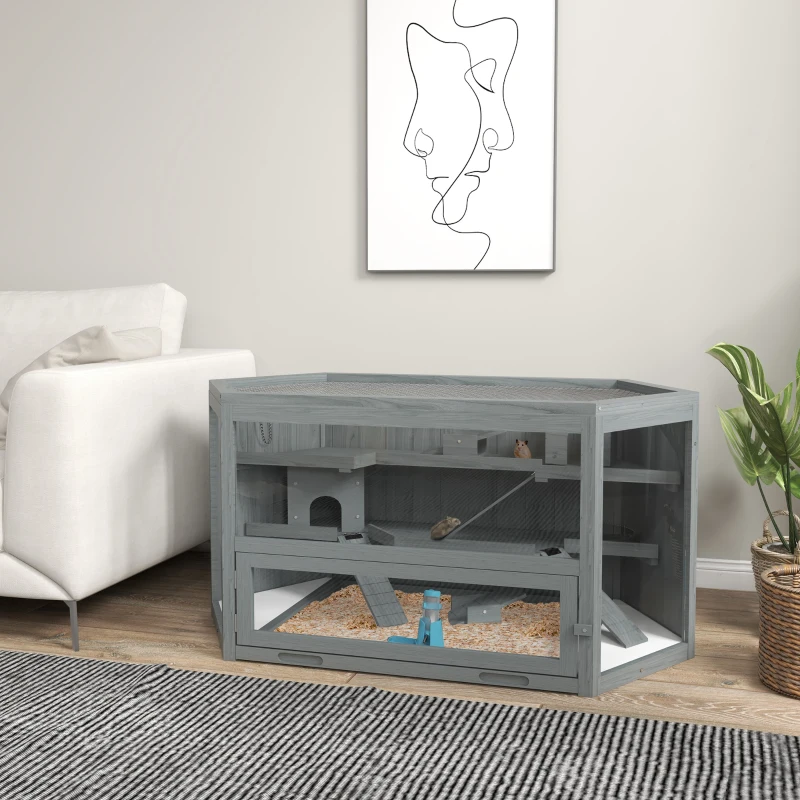 PawHut Hamsterkooi, 3 Niveaus, Uitschuifbare Tray, Hout/Metaal, 115x60x55 cm