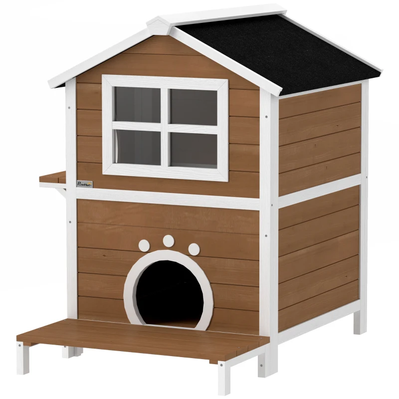 PawHut Buitenkattenhuis met Weerbestendig Dak, Venster, Balkon, 2 Niveaus, Verwijderbare Bodem, voor 1-2 Katten, Bruin