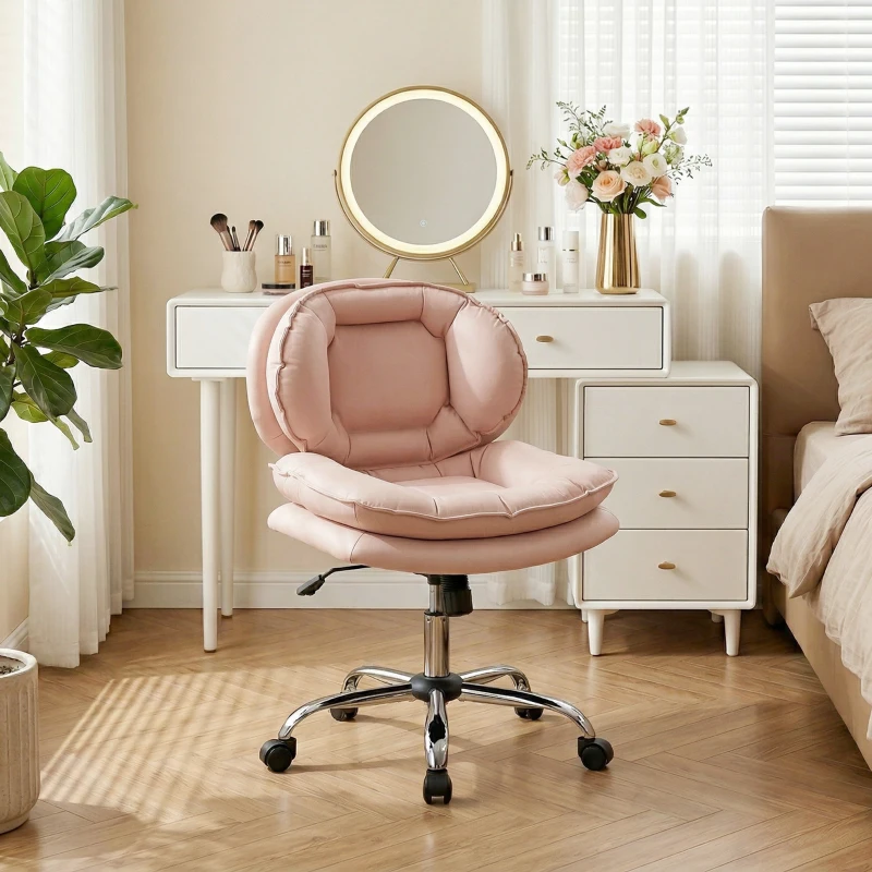 HOMCOM Silla de Oficina Piernas Cruzadas con Asiento Ancho Ruedas Altura Ajustable Doble Acolchado Función Basculante Rosa