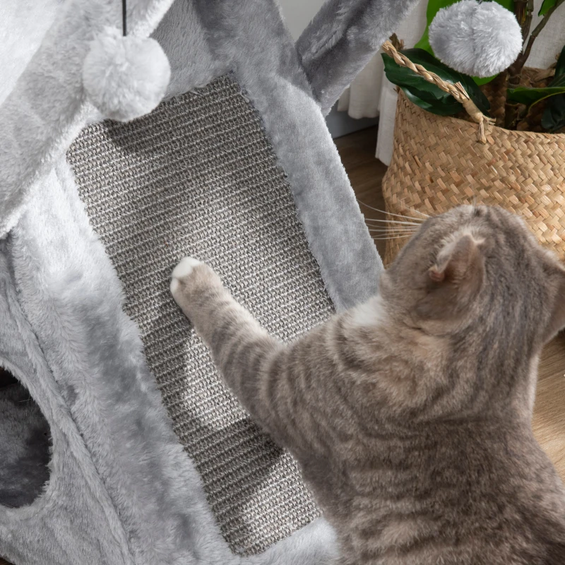 PawHut Árbol Rascador para Gatos 54,5x32x65 cm Plegable con Cueva Hamaca Alfombrilla Rascadora de Sisal Bolas Colgantes para Espacios Reducidos Juego y Descanso Gris