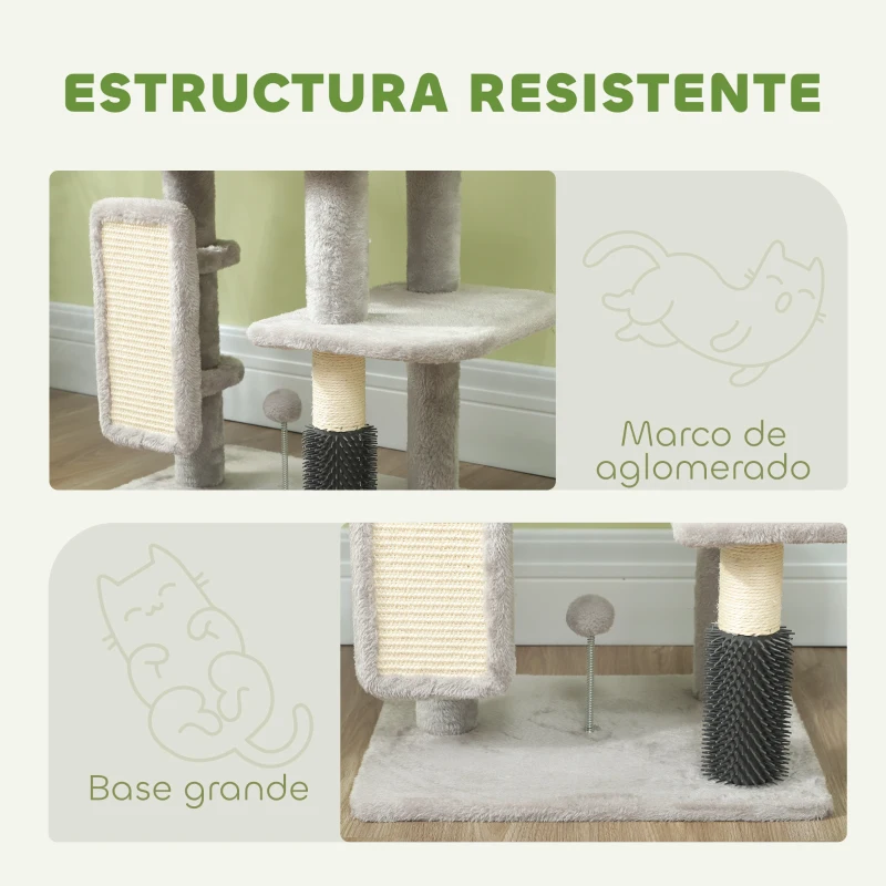 PawHut Árbol Rascador para Gatos Altura 104 cm con Plataformas Poste con Cepillo Bolas Colgantes y Almohadilla para Rascar Gris