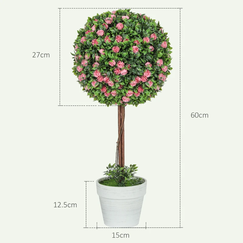 HOMCOM Set of 2 Decorative Artificial Plants, Ball Topiary Tree with Rose Flower in Pot, Fake Plants for Home Indoor Outdoor Decor, 60cm, Pink