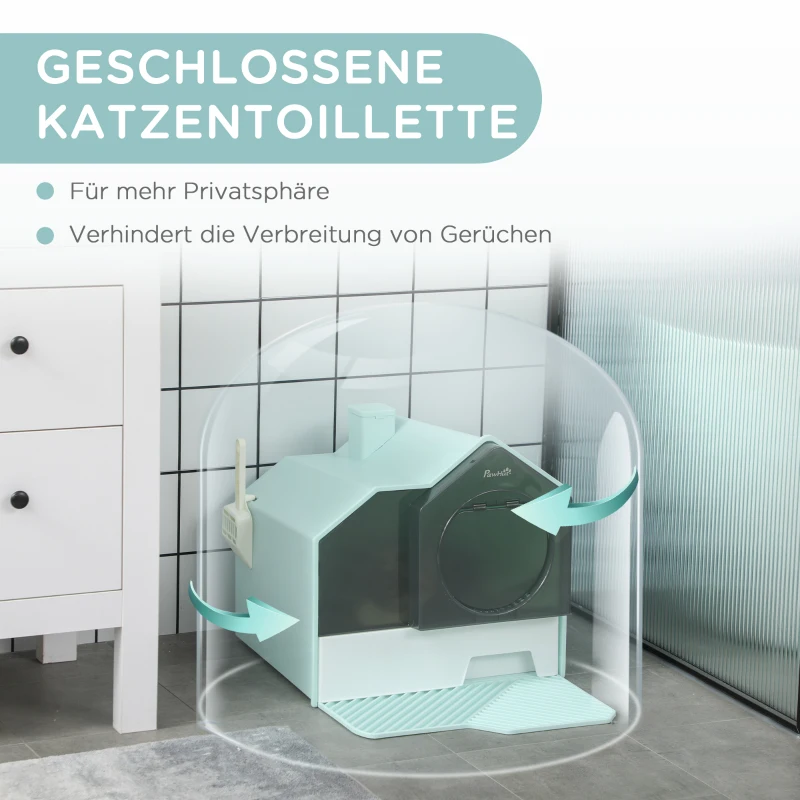 PawHut Kattenbak, Hutontwerp, 1 zeefmat, 1 schepje, uitneembare bodembak, Groen + Wit