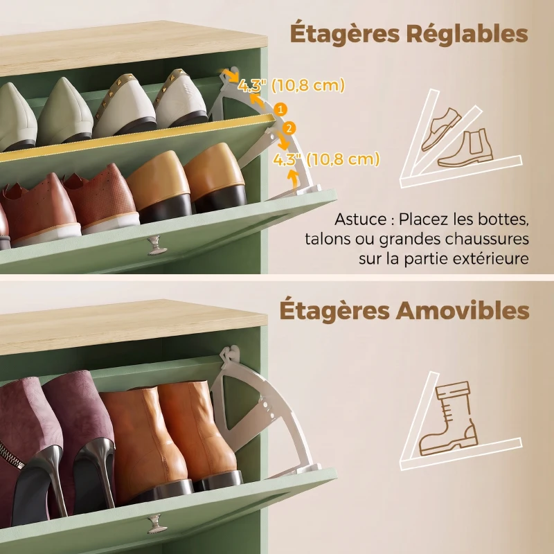 HOMCOM Meuble à chaussures 24 paires, armoire à chaussures avec 4 tiroirs rabattables, étagères réglables, 60x23,5x153cm, vert