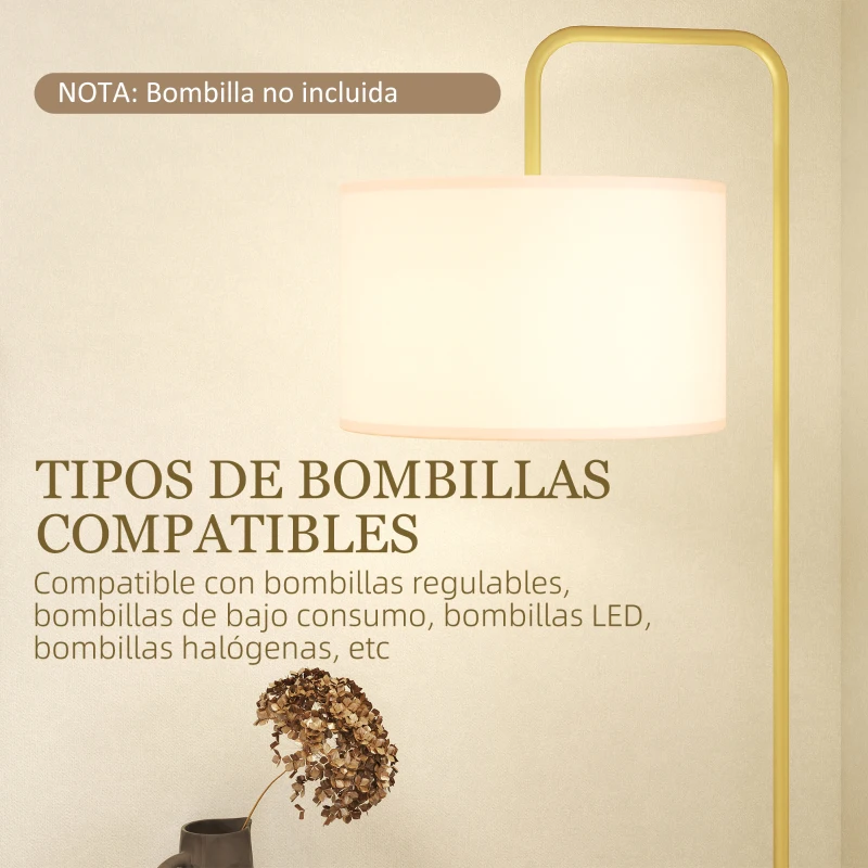 HOMCOM Lámpara de Pie Moderna con Pantalla de Lino Sintético Lámpara de Lectura para Salón 64x38x163,5 cm Blanco y Dorado