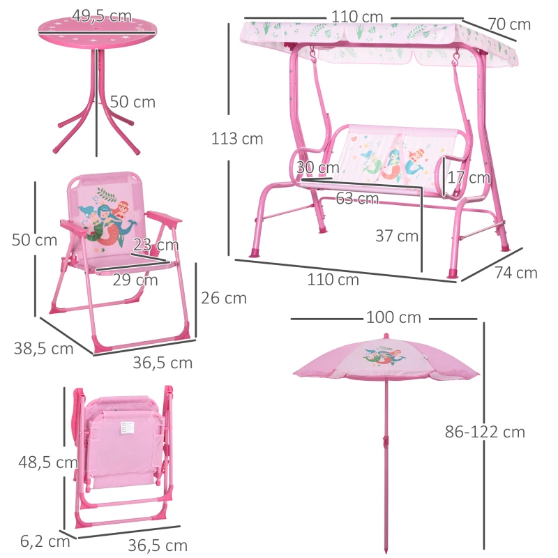Outsunny 4-teiliges Gartenmöbel-Set für Kinder, mit Hai-Motiv, 1 Hollywoodschaukel, 2 Stühle, 1 Sonnenschirm mit Tisch, Rosa
